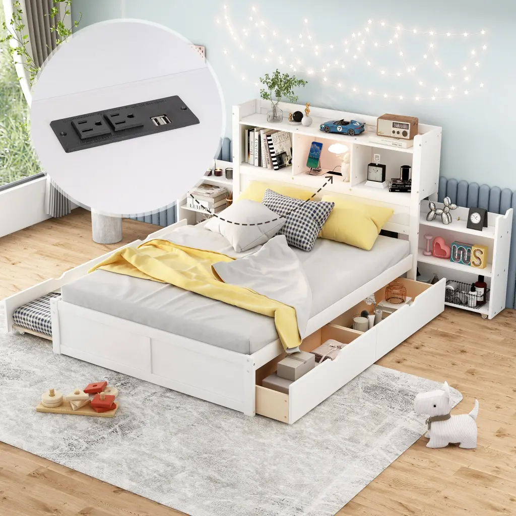 Full Dimensions Storage Platform Bed Pull Out Shelves Twin Trundle wm store