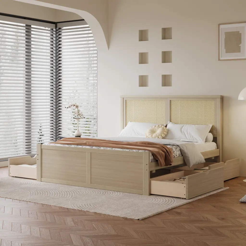 Full Dimensions Timber Storage Platform Bed 4 Drawers Rattan Headboard wm store