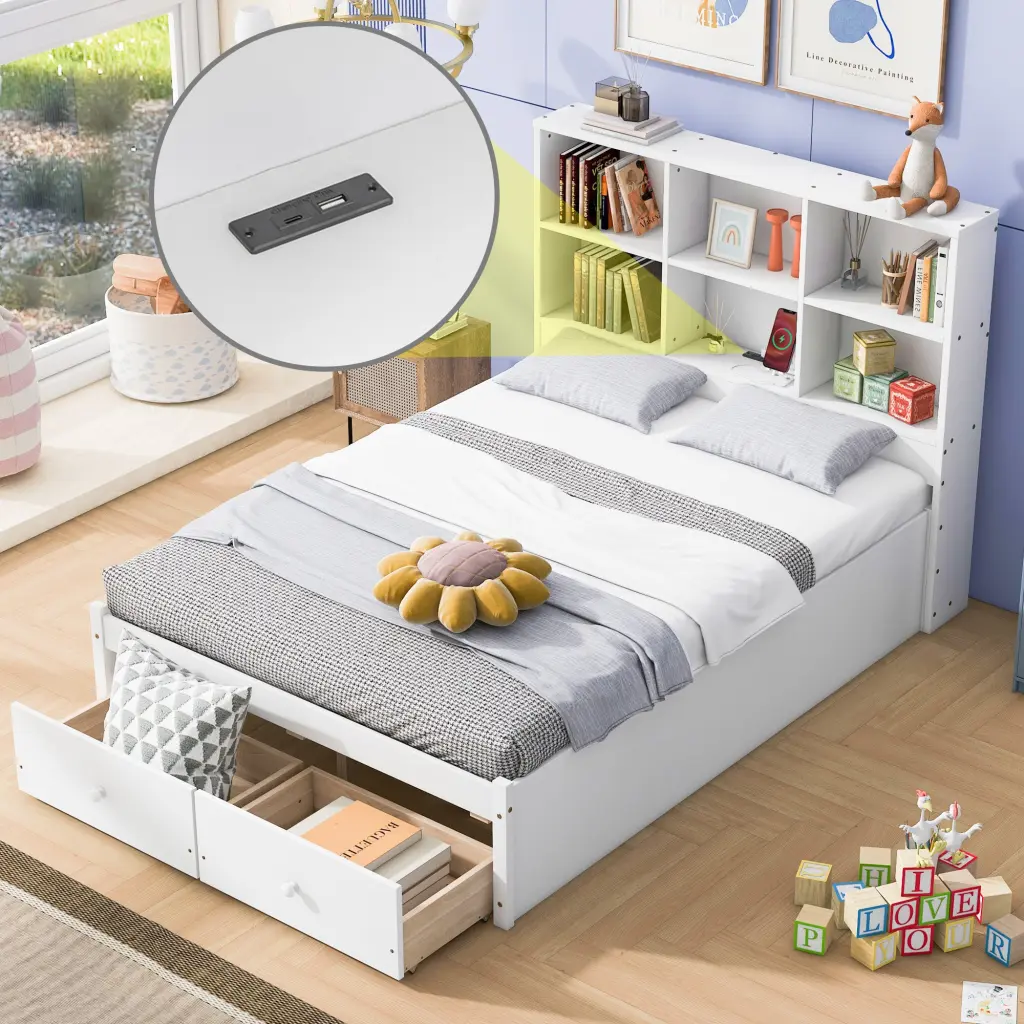 Full Platform Bed Storage Headboard and Charging Station wm store