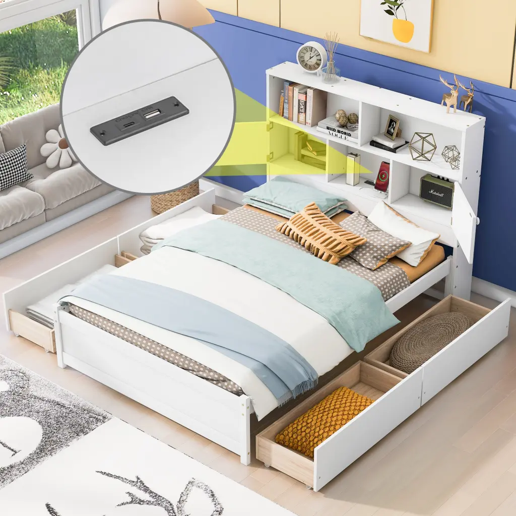 Full Platform Bed Storage Headboard and Charging Station wm store
