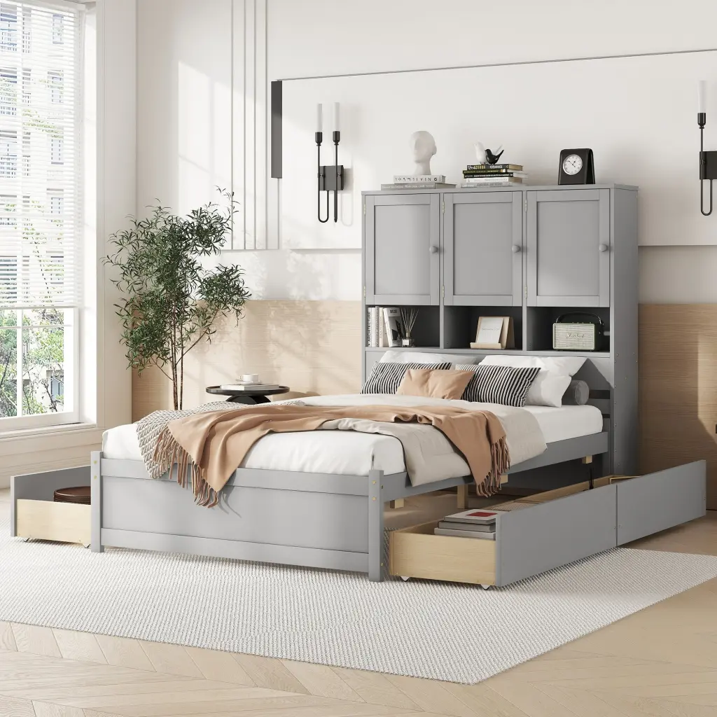 Full Platform Bed Storage Headboard and 4 Drawers Gray Box Modern Design wm store