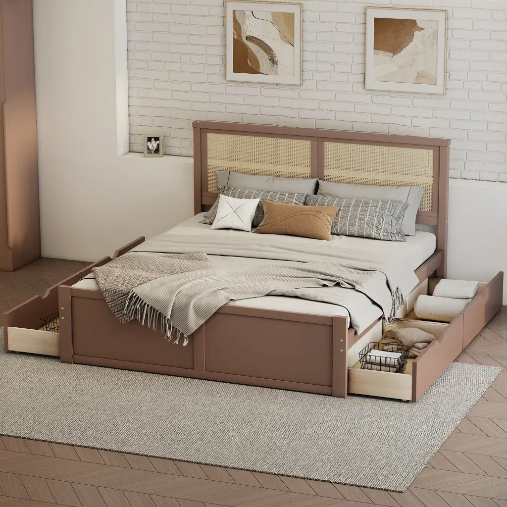 Full Size Wood Storage Platform Bed 4 Drawers and Rattan Headboard wm store
