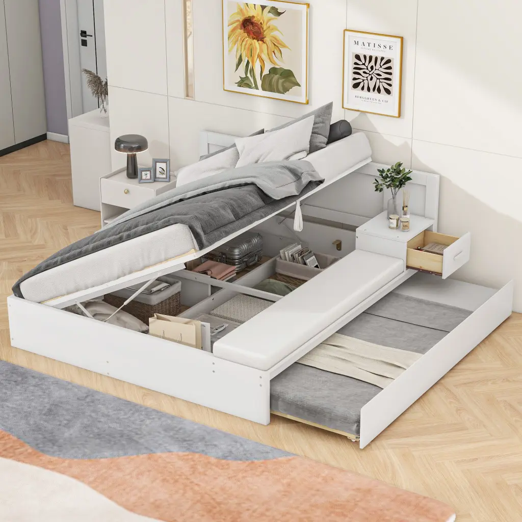 Full Size Wood Storage Platform Bed Twin Trundle Hydraulic Lift wm store