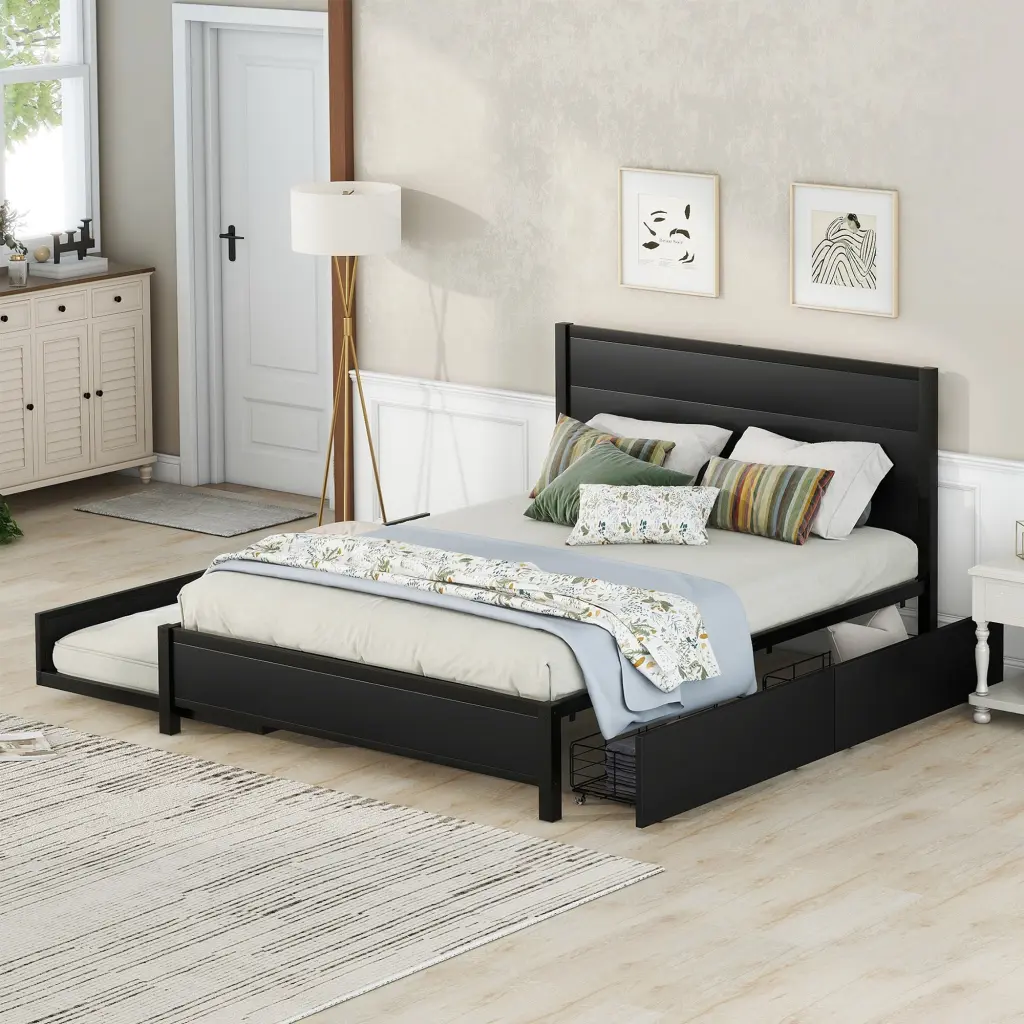 Metal Queen Storage Platform Bed Twin Trundle & 2 Drawers wm store