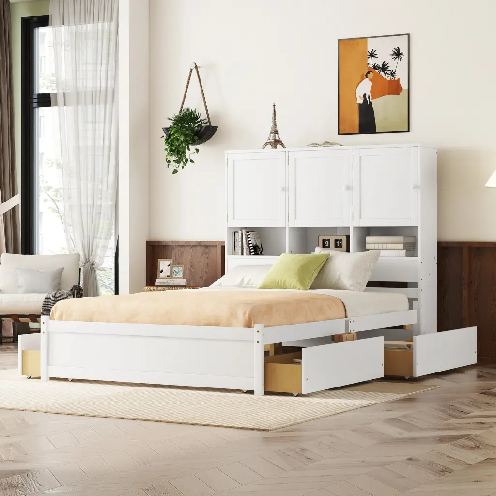 Queen Dimensions Platform Bed Storage Headboard 4 Drawers White Box Spring Modern Bed Frame wm store