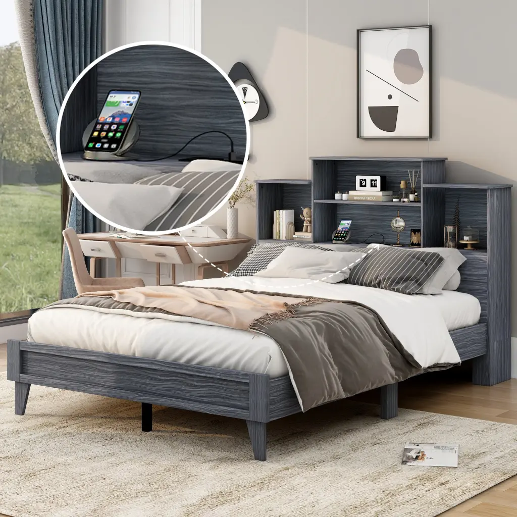 Queen Dimensions Storage Platform Bed Frame 4 Open Storage Shelves wm store