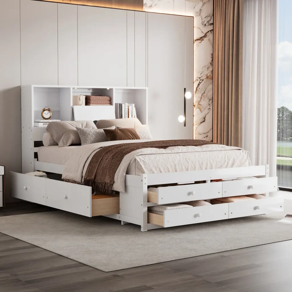 Queen Size Platform Bed Storage Headboard and 8 Drawers White Box Style wm store