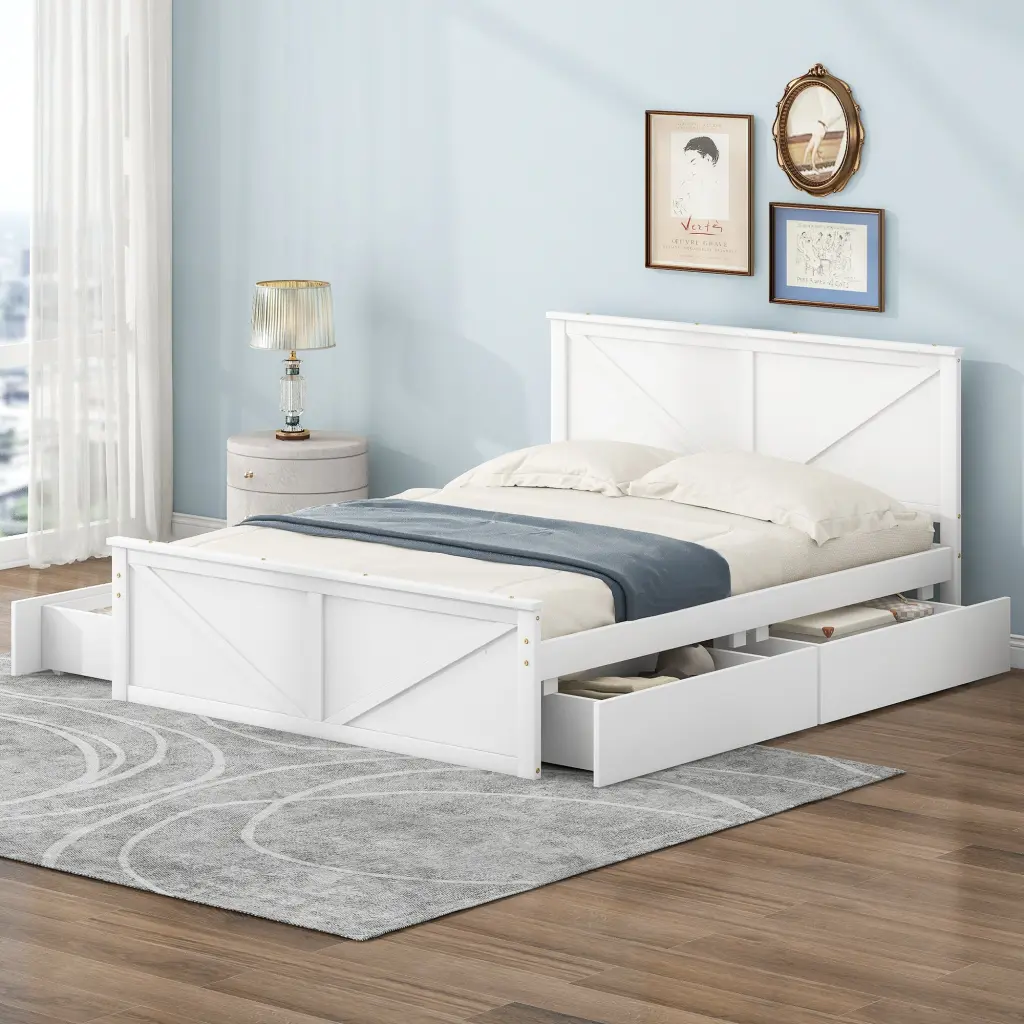 Queen Size Timberen Platform Bed Four Storage Drawers and Assistance Ladder wm store