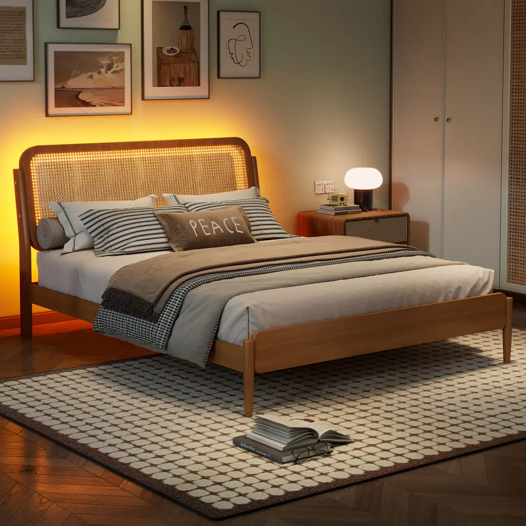 Queen Size Wood Storage Platform Bed LED Light and Rattan Headboard wm store