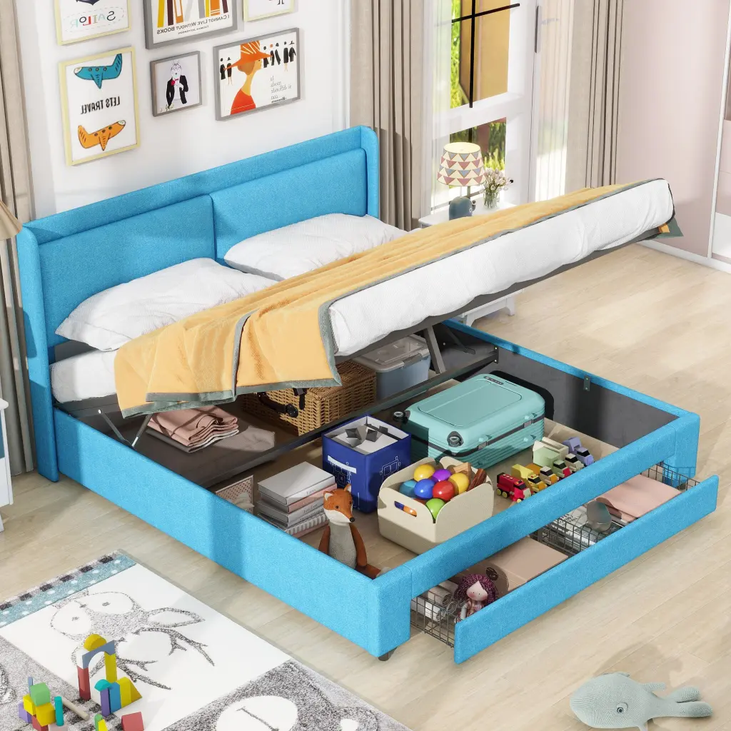 Queen Upholstered Hydraulic Platform Bed 2 Storage Drawers wm store