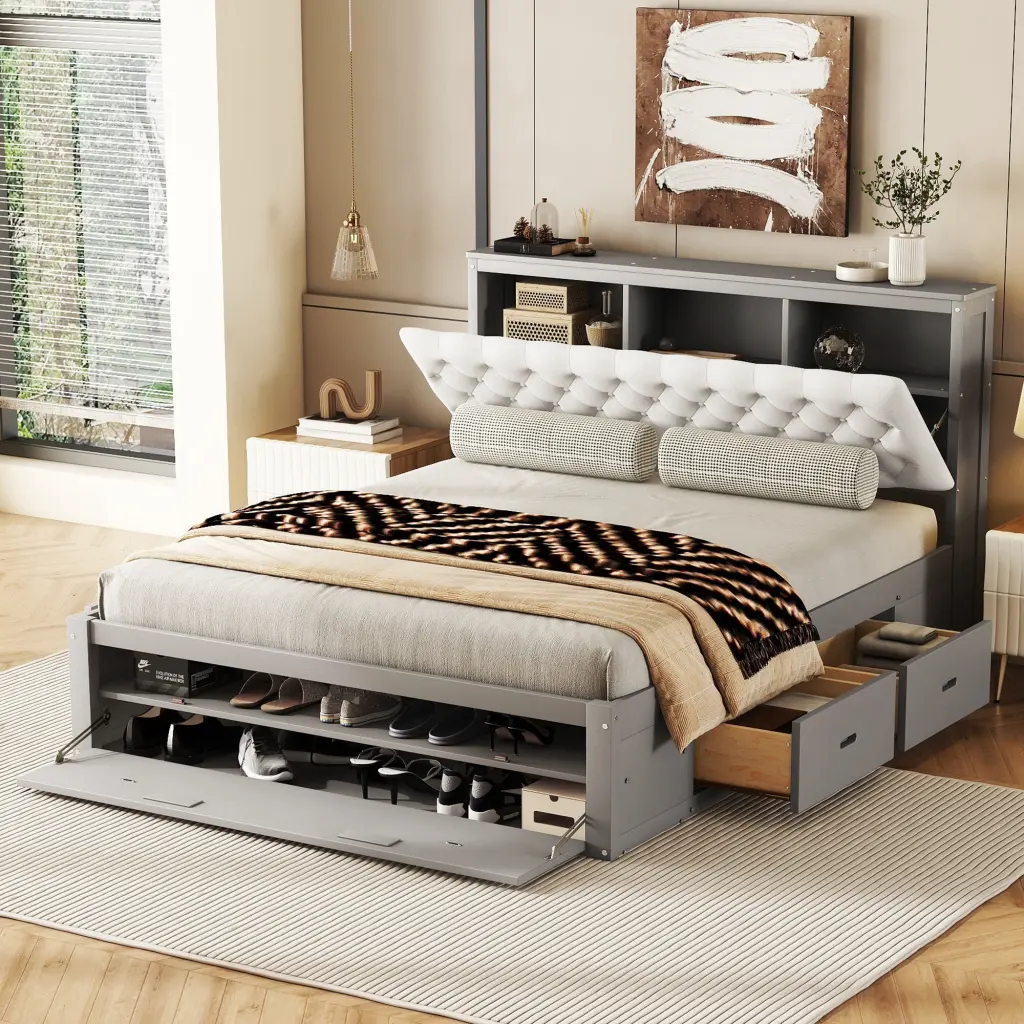 Timber Queen Platform Bed Storage Headboard Shoe Rack And 4 Drawers wm store
