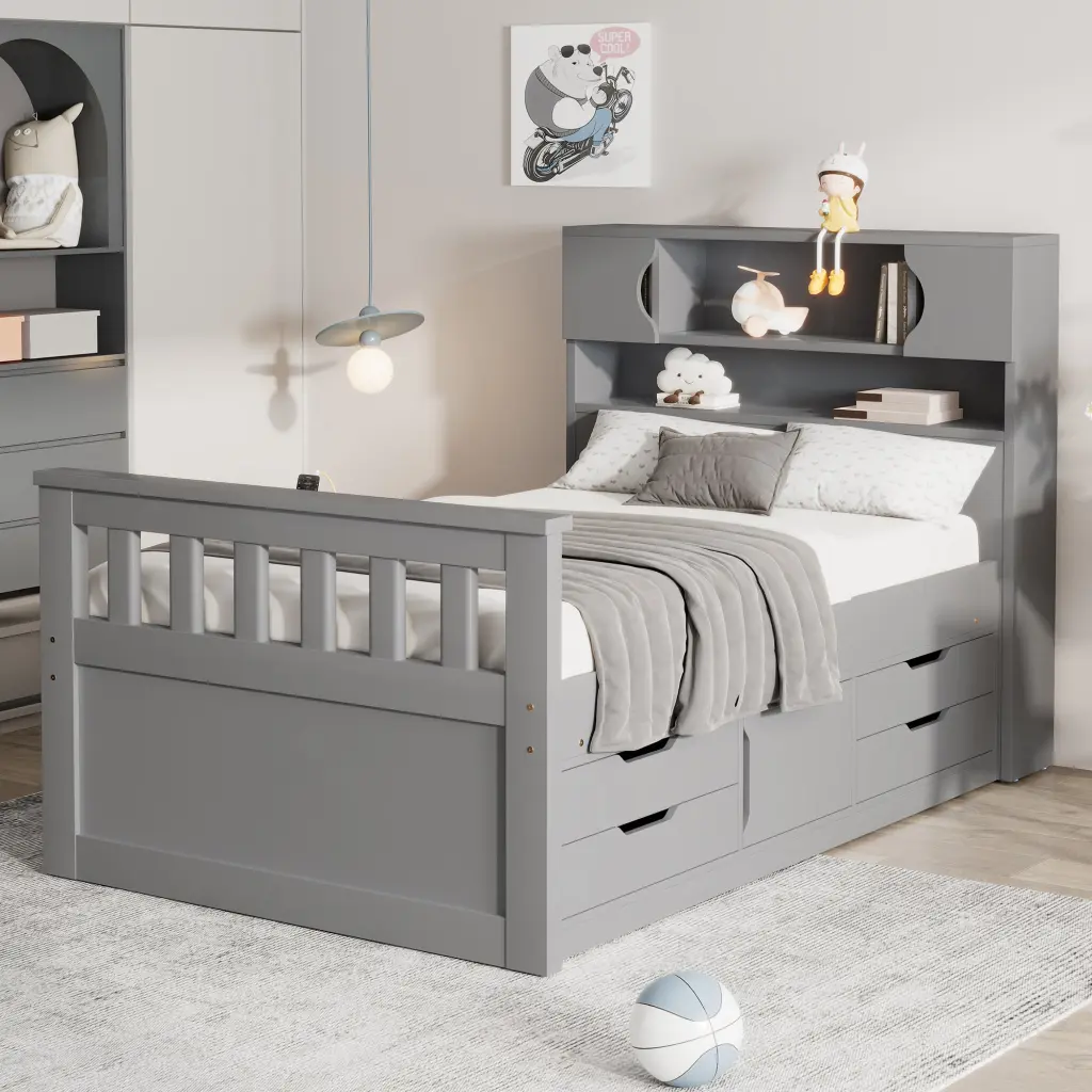 Twin Captain Platform Bed Frame Storage Bookcases and Shelves wm store