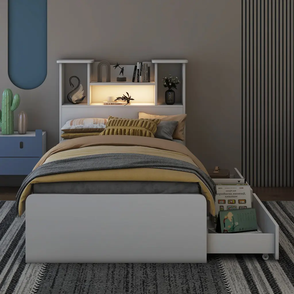 Twin Dimensions Storage Platform Bed Frame 4 Open Shelves and 2 Drawers wm store
