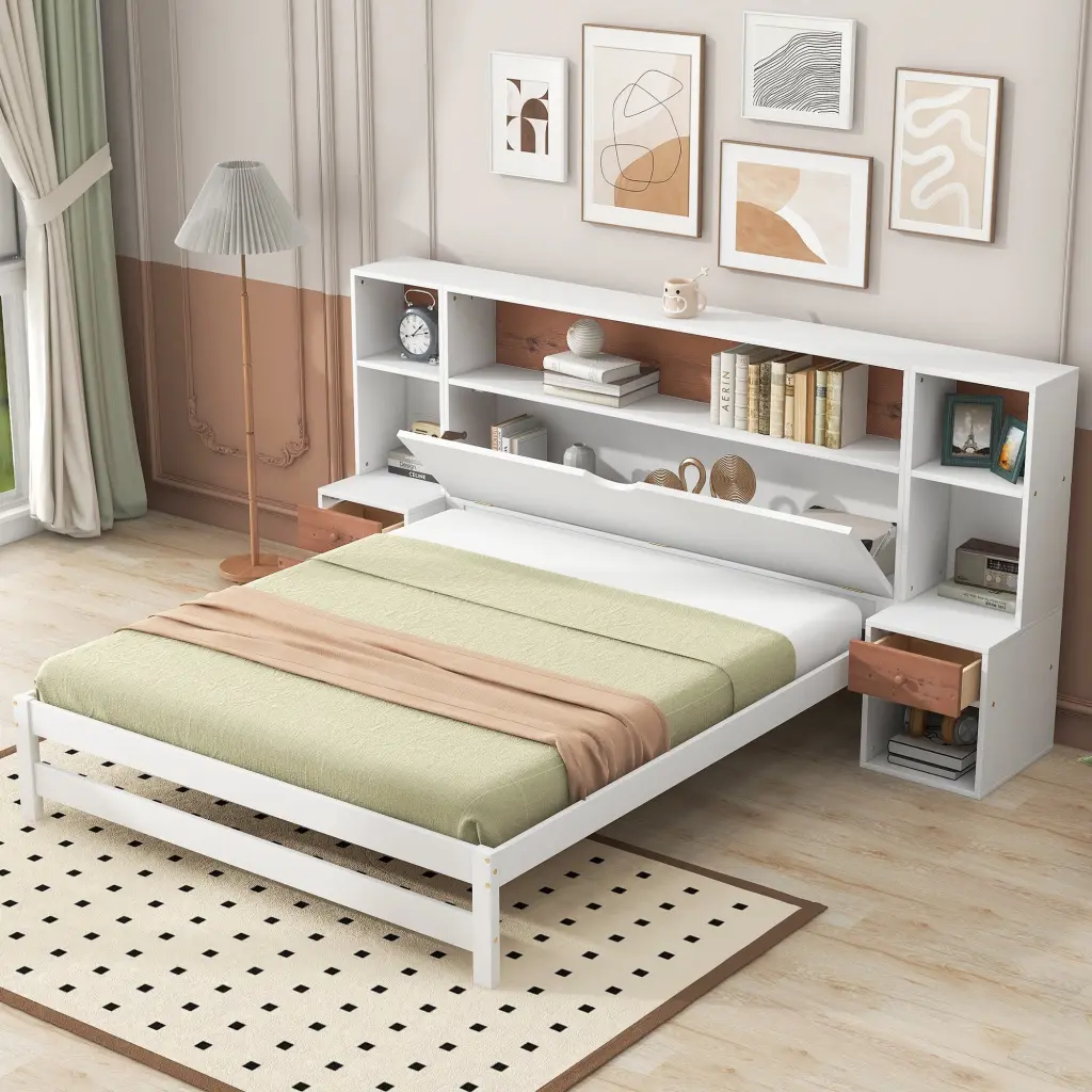 White Full Platform Bed Storage Headboard And Drawers wm store