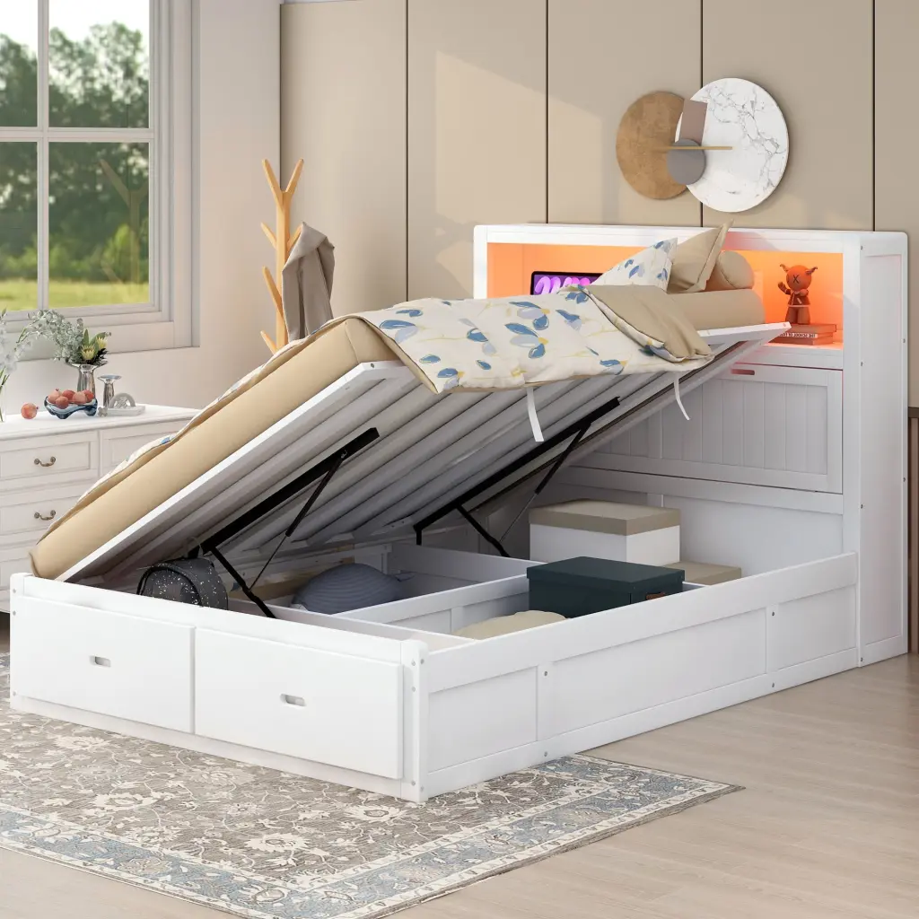 Wood Queen Dimensions Hydraulic Platform Bed Storage LED Headboard wm store