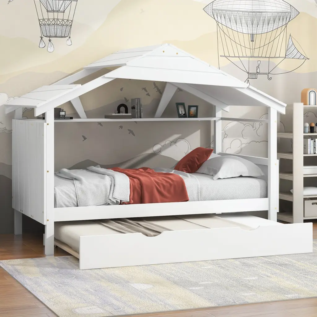 Wood Twin Size Houtilize Bed Trundle and Storage White wm store