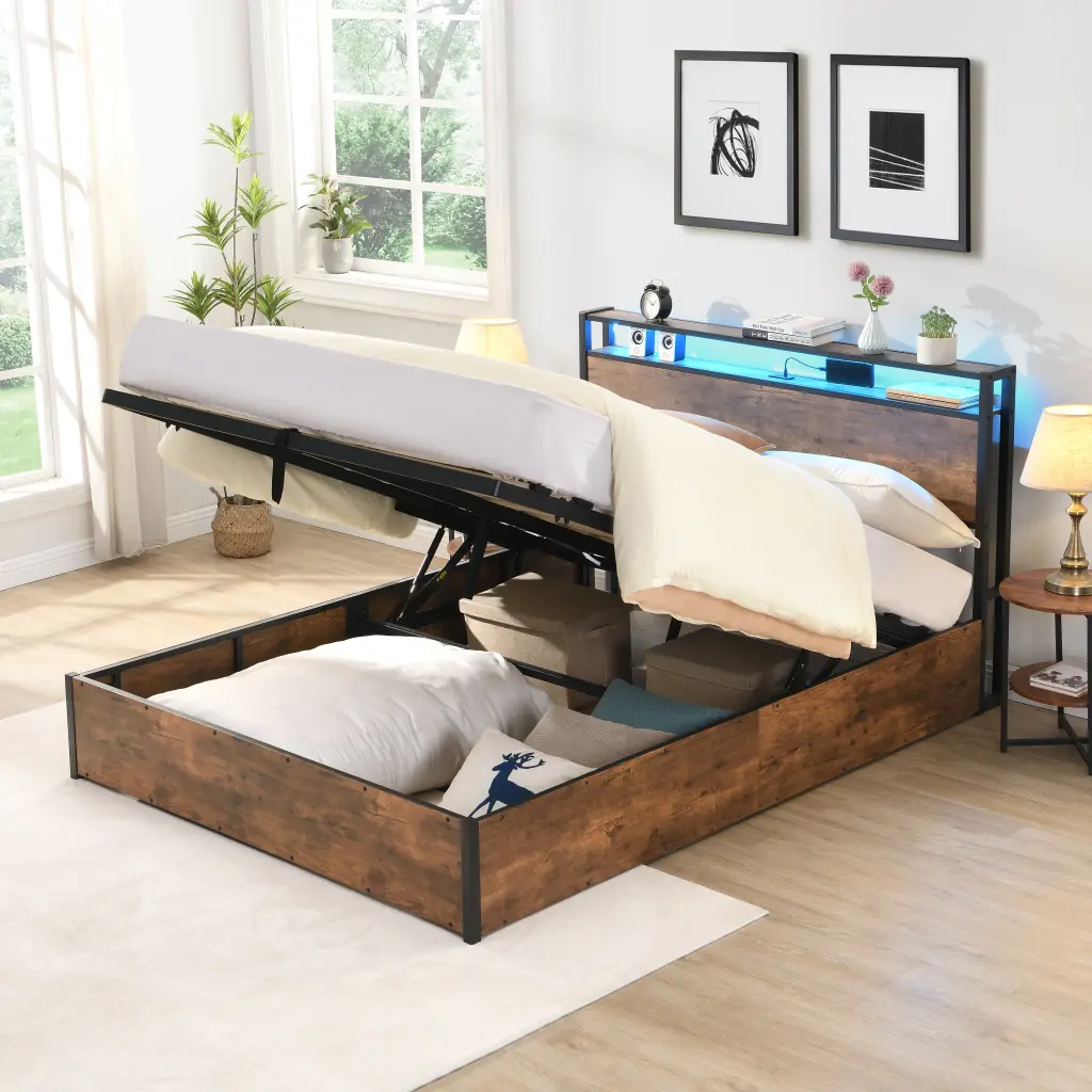 Lift Up Storage Bed Frame Queen Size Bookcase Headboard wr furniture