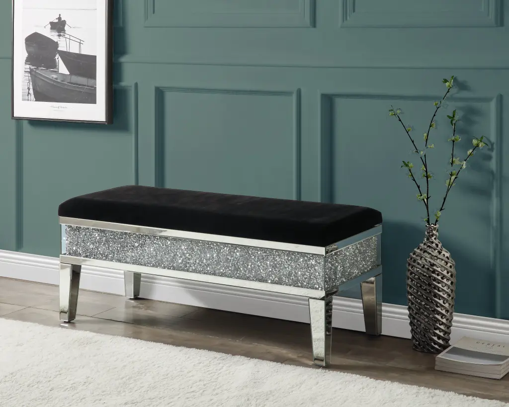 Noralie Bench Storage and Mirrored Faux Diamonds Ac00535 Silver Glass acme onsite store