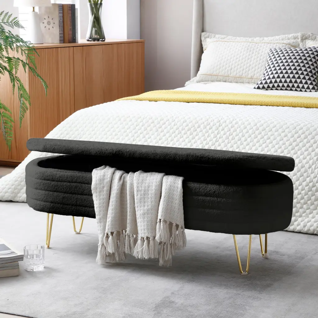 46.9 Inch Oval Storage Bench Gold Legs and Teddy Upholstery aijiafurniture