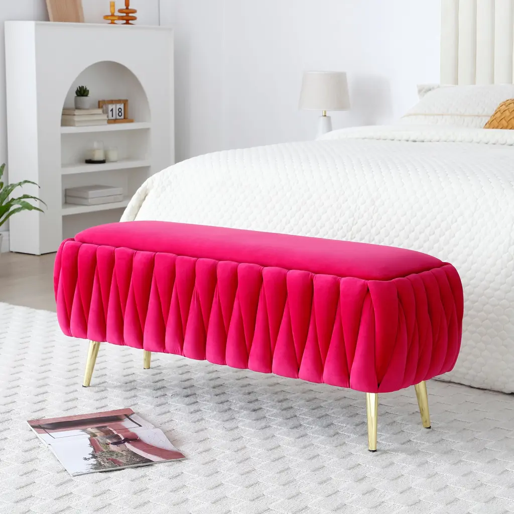 Oval Velvet Upholstered Storage Bench Gold Legs Ottoman Stool aijiafurniture