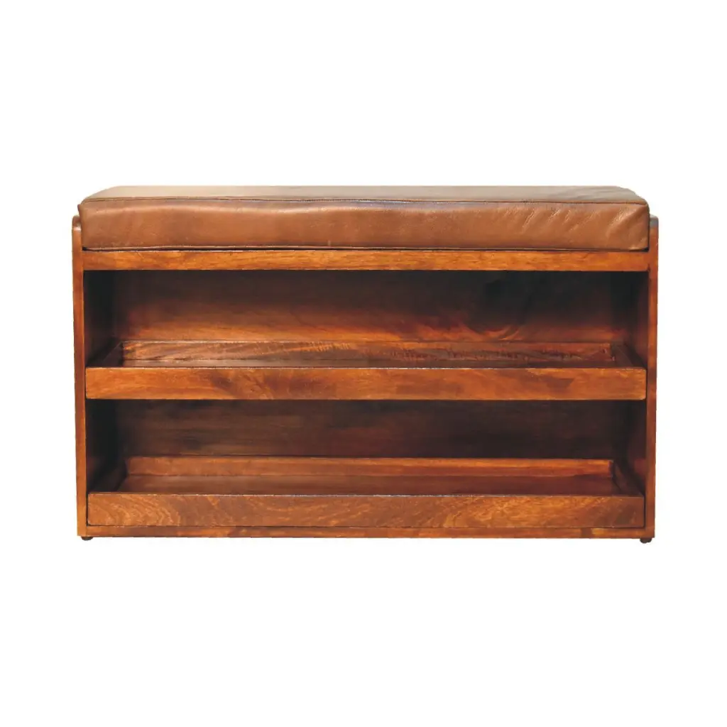 Buffalo Hide Pull Out Chestnut Shoe Storage Bench Leather Seat artisan furniture