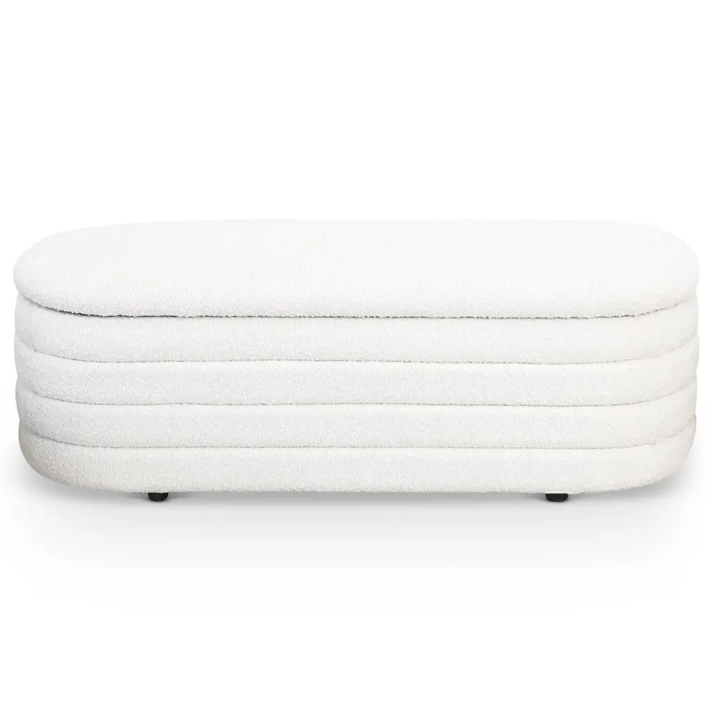 Cabana White Boucle Bench Storage Flip Top Teak Wood Design ashcroft furniture