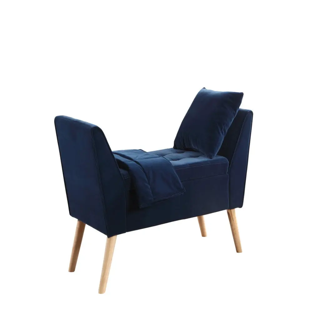 35 Inch Tall Mid Century Design Storage Bench Navy Blue Pillow and Blanket california home