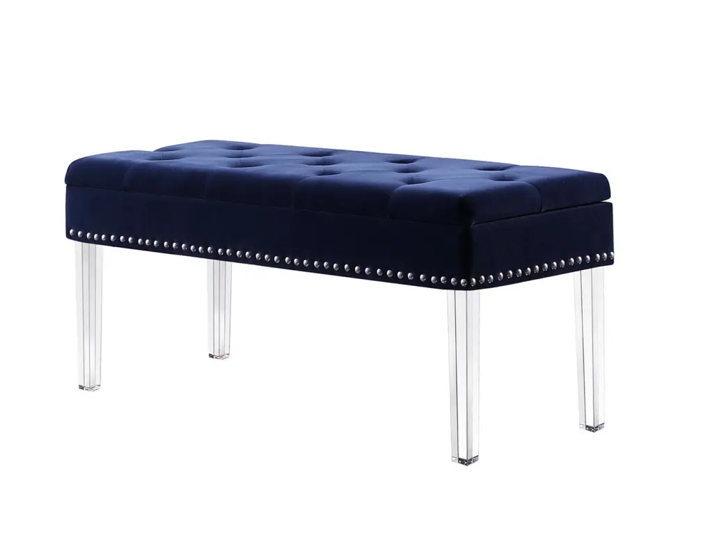 18 Inch Tall Storage Bench Acrylic Clear Legs Navy Blue Tufted Design california home