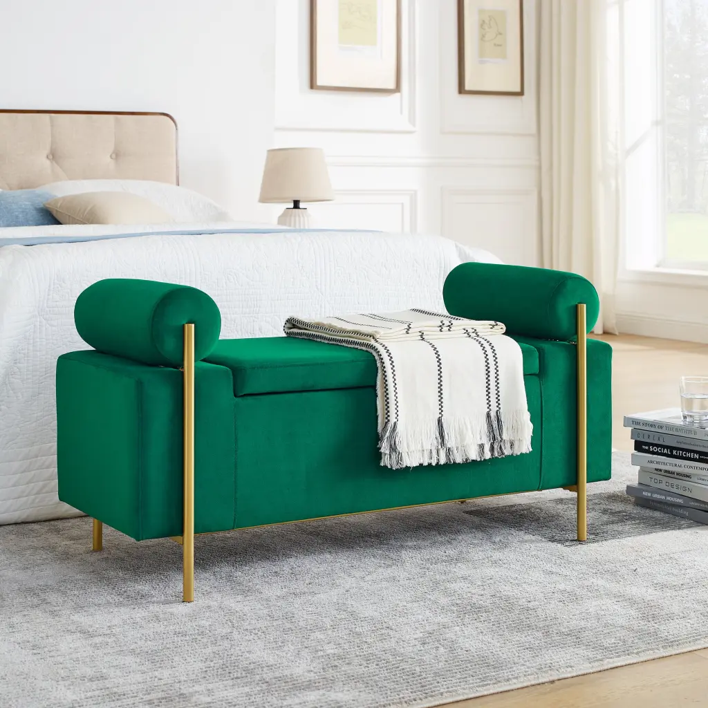 Elegant Upholstered Velvet Storage Bench Cylindrical Arms chuangyuan smart home