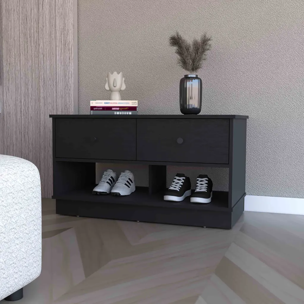 Tulip Storage Bench, Two Drawers, Two Shelves Black Mdf Engineered Wood fm furniture