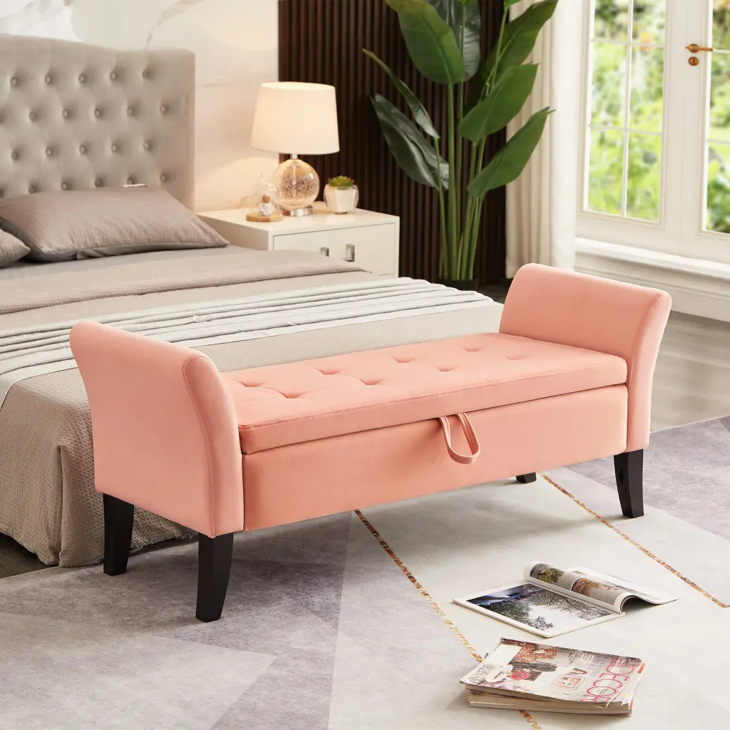 51.5 Inch Pink Velvet Storage Bed Bench Foam Seat hdf store