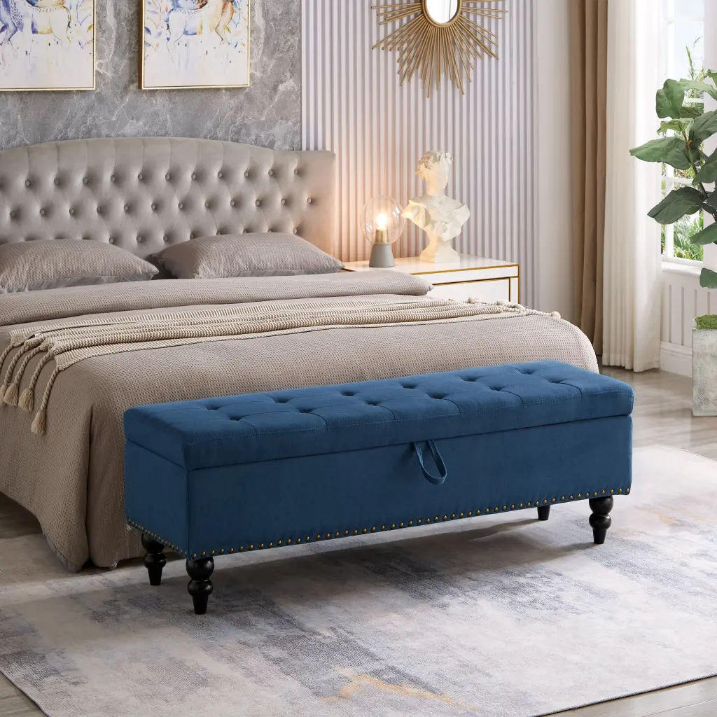 59 Inch Bed Bench Storage Blue Material Blue Foam Cotton Linen Upholstered Seat hdf store
