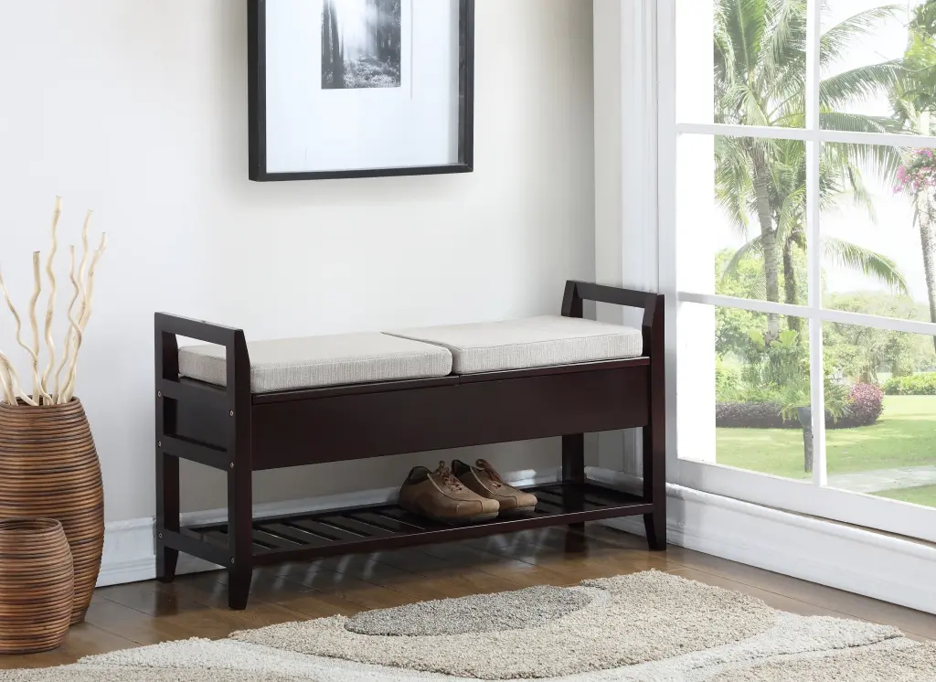 Vannes Espresso Storage Shoe Bench Espresso Wood Finish hz