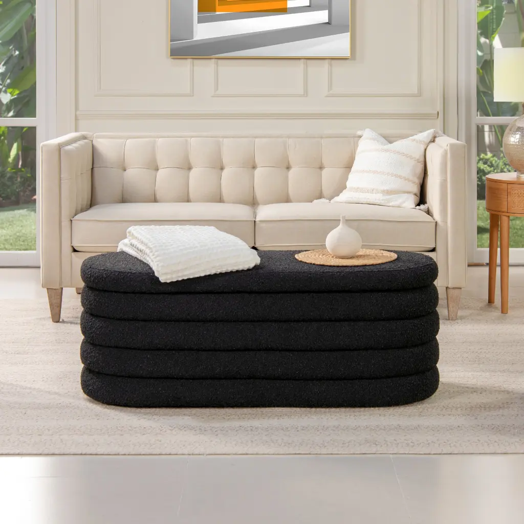 Fuji 49 Inch Upholstered Oval Storage Bench Ebony Black Boucle Black Foam jennifer taylor home
