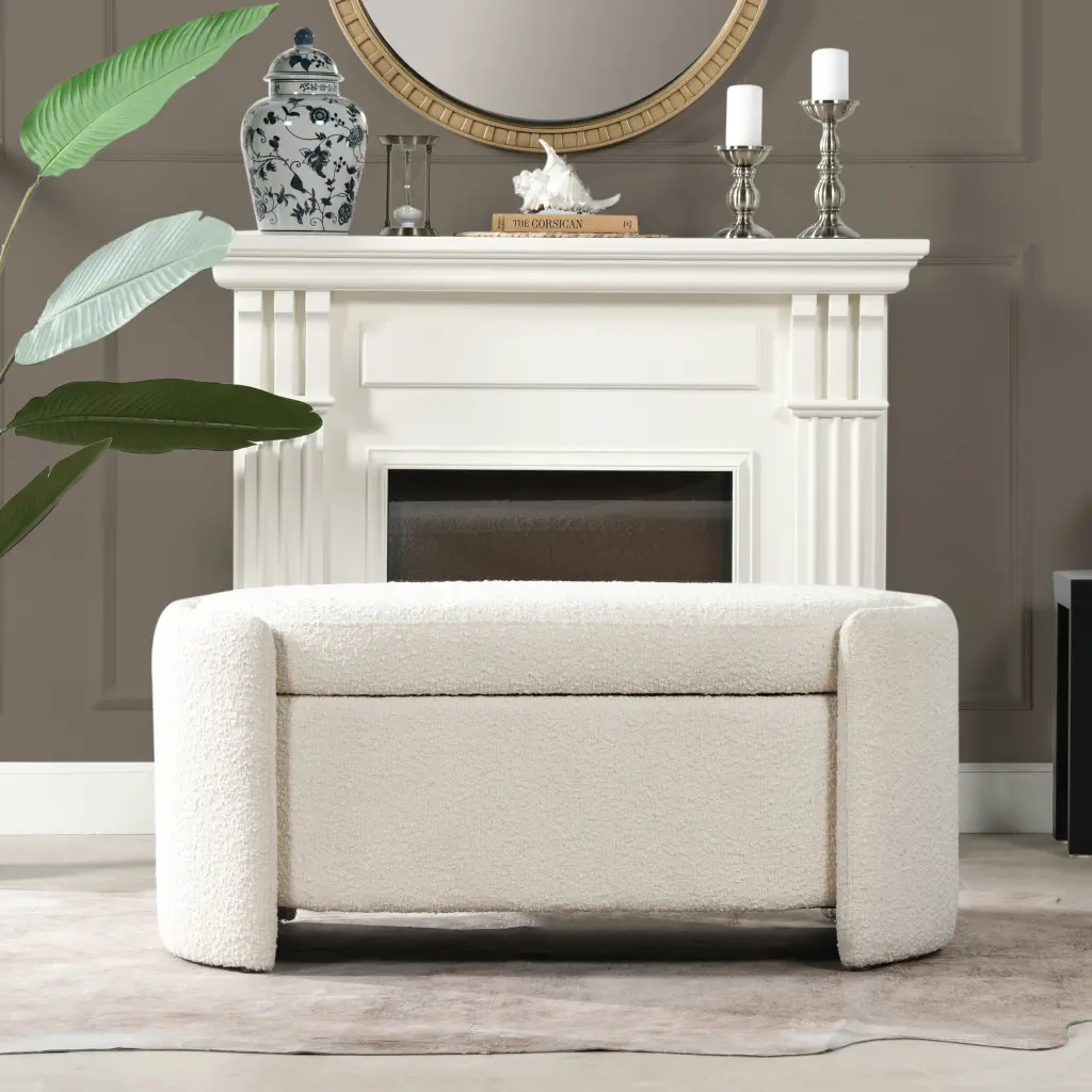 Fuji 43 Inch Upholstered Oval Storage Bench Ivory White Boucle White Foam Cushion jennifer taylor home