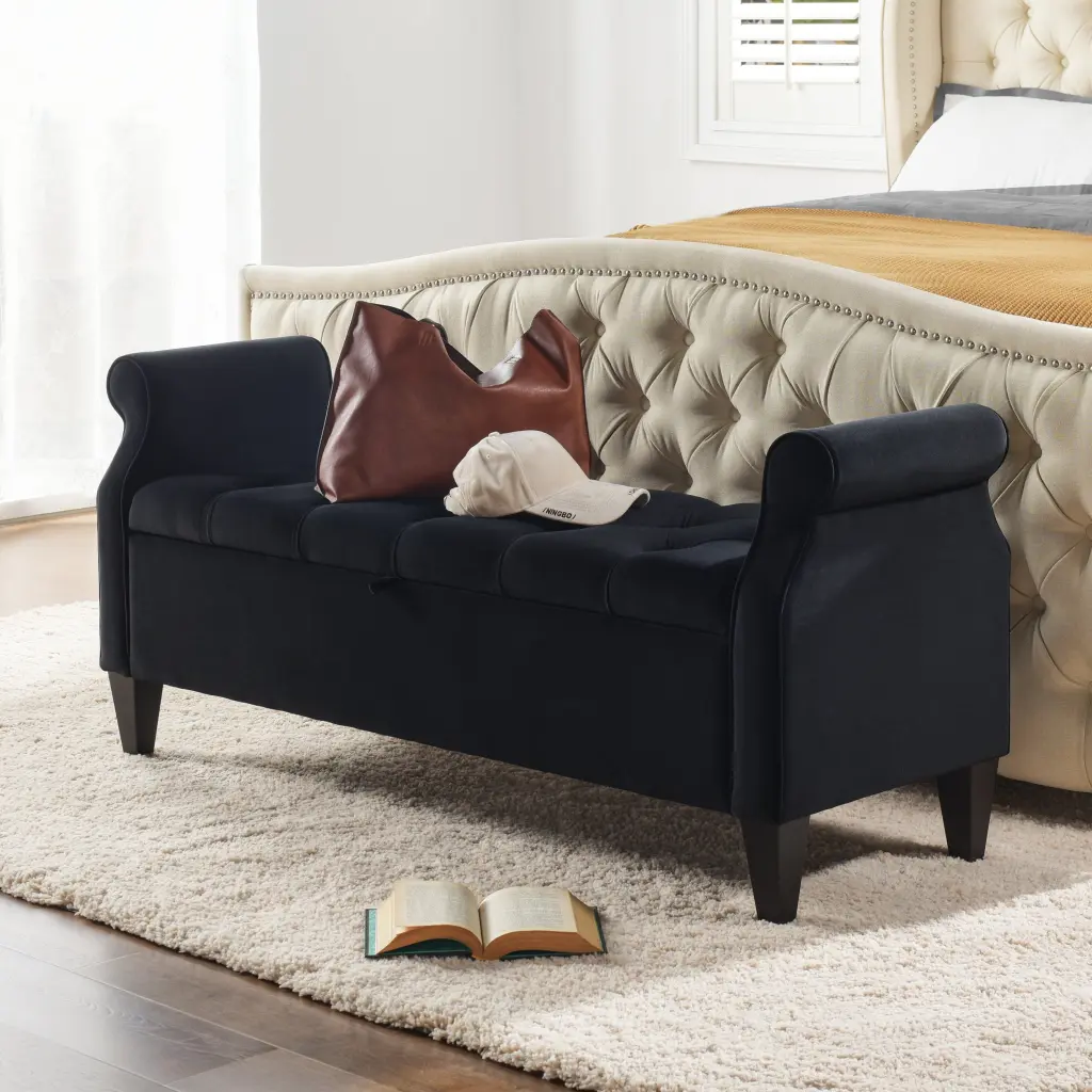 Jacqueline 57.5 Inch Tufted Roll Arm Storage Bench Anthracite Black Velvet jennifer taylor home