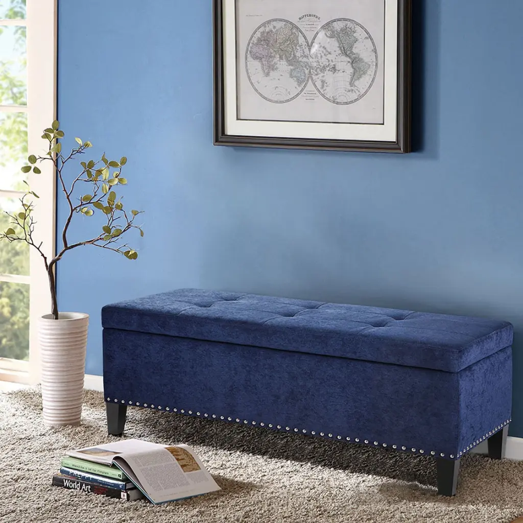 Blue Polyester Tufted Top Storage Bench Soft Close Lid Bedroom or Entryway jla