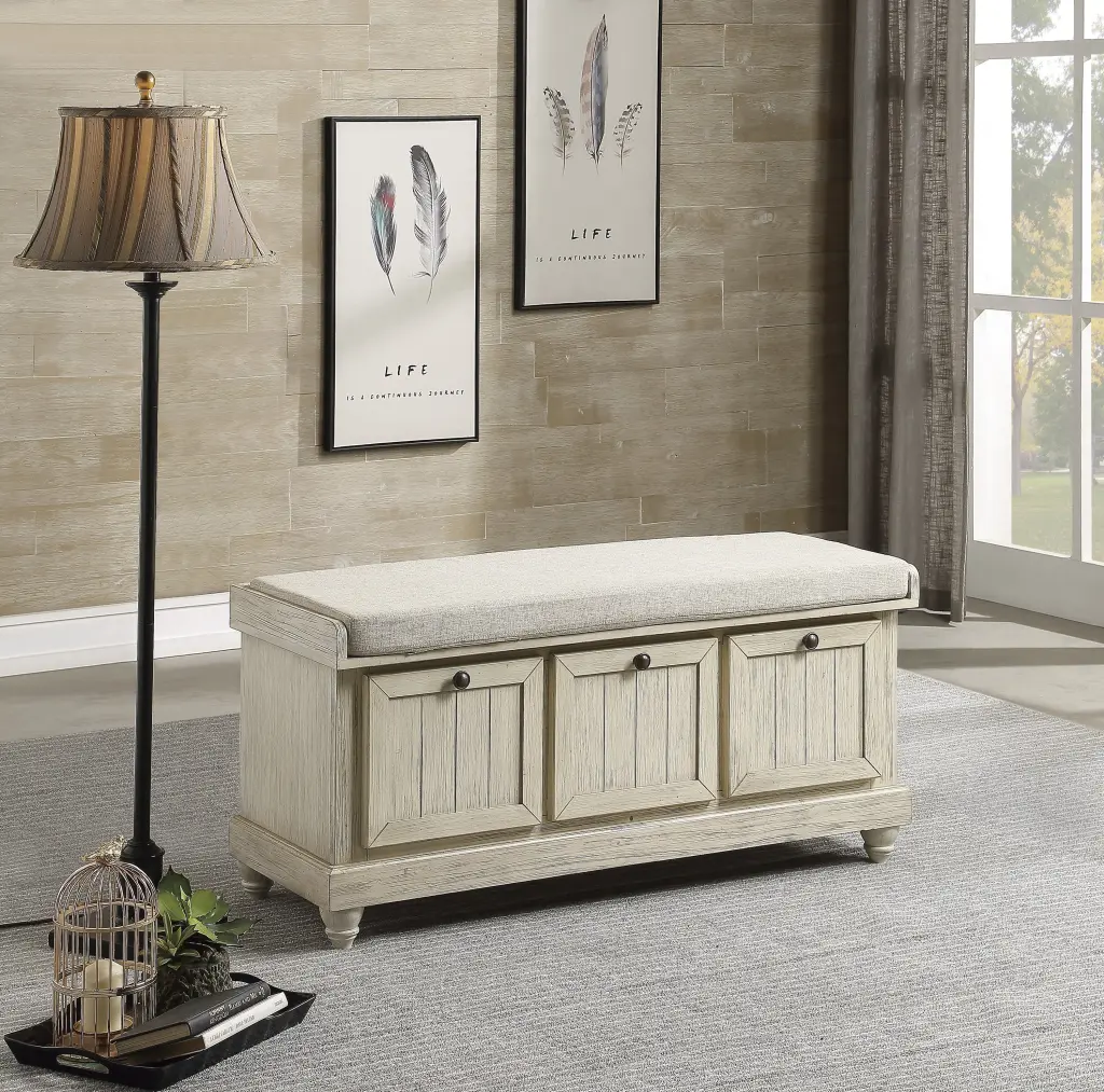 Long Lasting Storage Bench White Finish and Foam Cushioned Beige Upholstered Seat kanepe