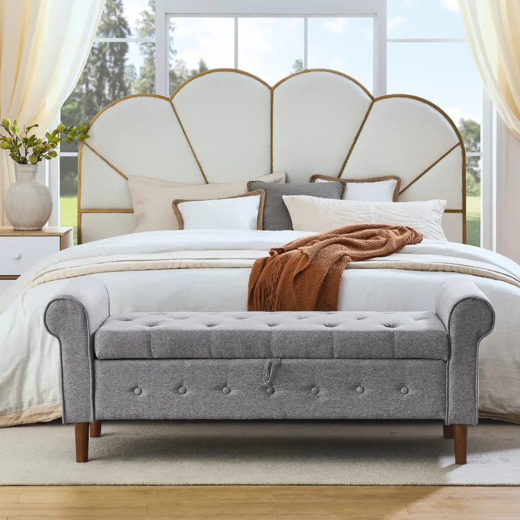 62 Inch Tufted Button Storage Bench Upholstered Ottoman Bedroom Modern Fabric lucky fortune