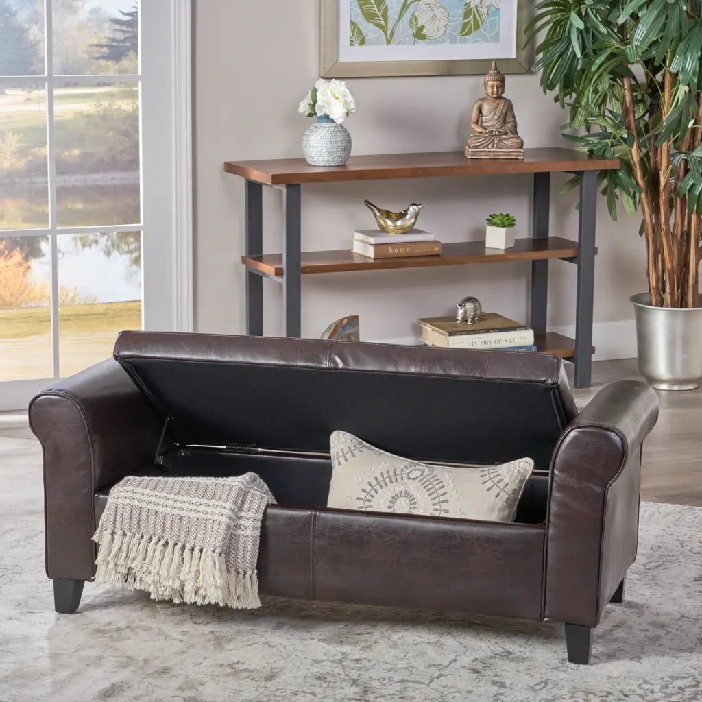Hayes Armed Storage Bench Brown PU Leather Entryway or Living Room nh-perfect home