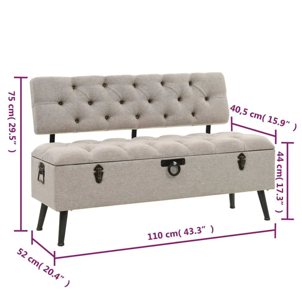 Storage Bench Backrest 43.3 Inch Cream Fabric - Multipurpose Entryway Seating Storage