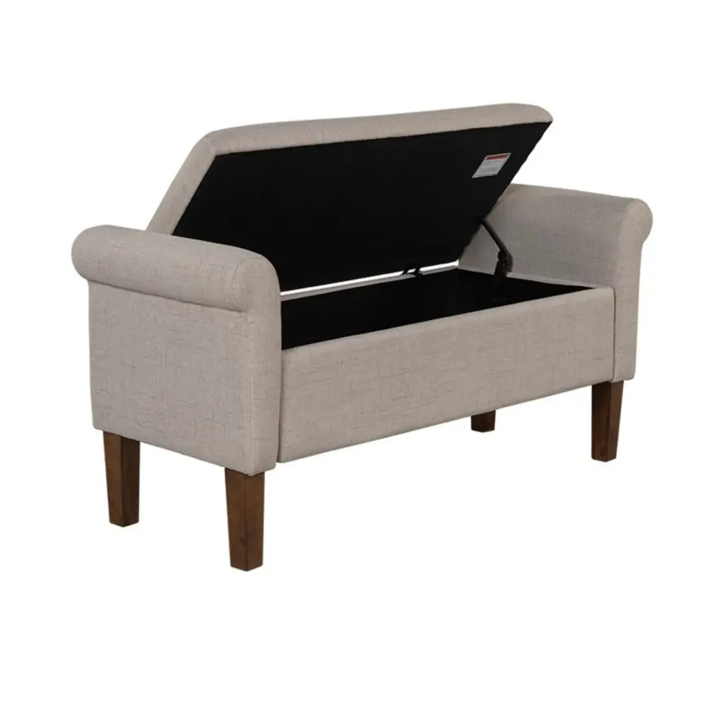 Upholstered Storage Bench Rolled Armrests - Khaki