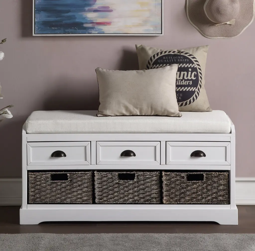 Homes Gatherion Wood Storage Bench 3 Drawers And 3 Bins White u_style