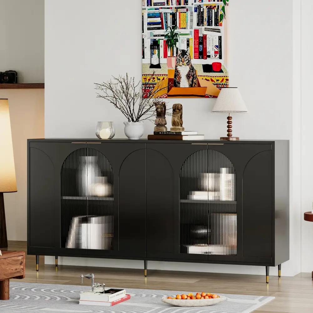 Accent Cabinet Lacquered Hardwood Cabinet 4 Glass Doors Sideboard Buffet Server Cabinet Storage Cabinet, Living Room, Entr...