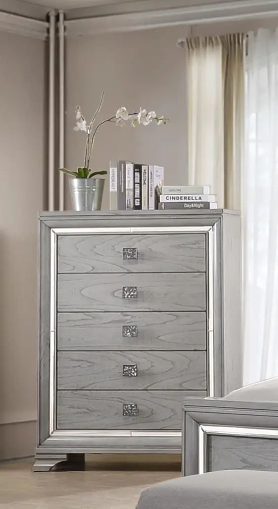 Contemporary 1 Piece Light Gray Brown Finish 5 Storage Drawer Chest Mirror Bedroom kanepe