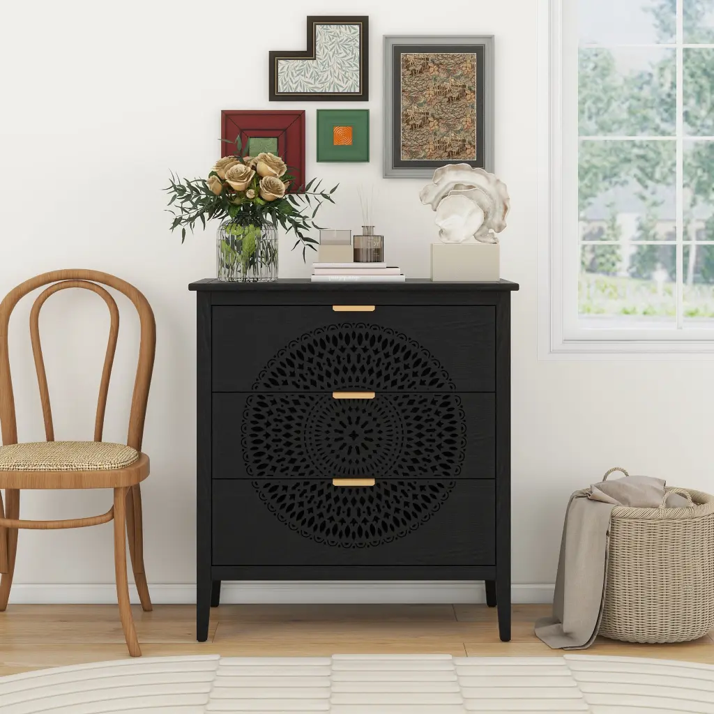 3 Drawer Cabinet Hollow Carved Design Dresser Storage Chest Bedroom rnb