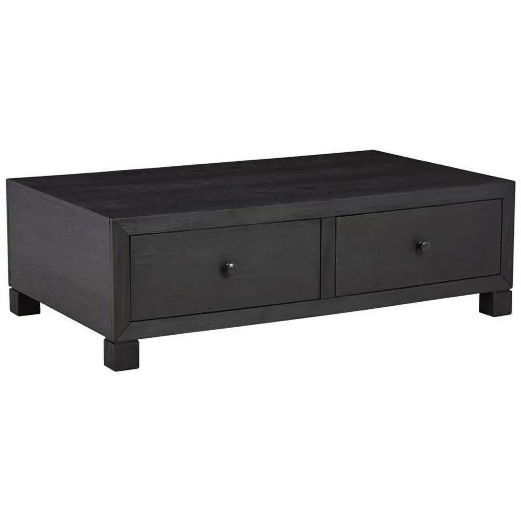 55 Inch Rectangular Coffee Table 4 Large Drawers Wire Brushed Black Finish Benzara