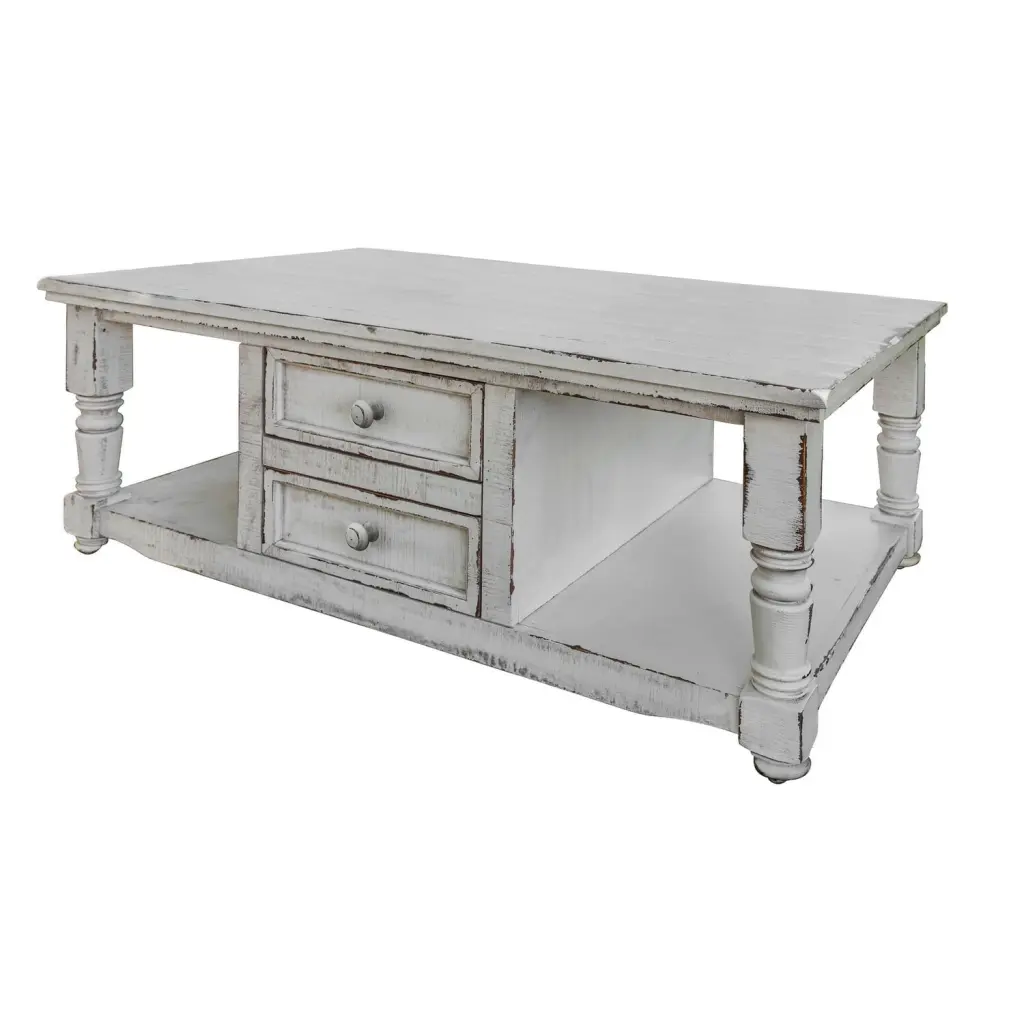 BenJara Genie 50 Inch White Mango Wood Cocktail Coffee Table 4 Drawers and Shelves Convenience Concepts