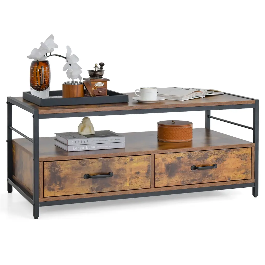 Costway Coffee Table Storage Drawers Shelf Metal Frame Living Room