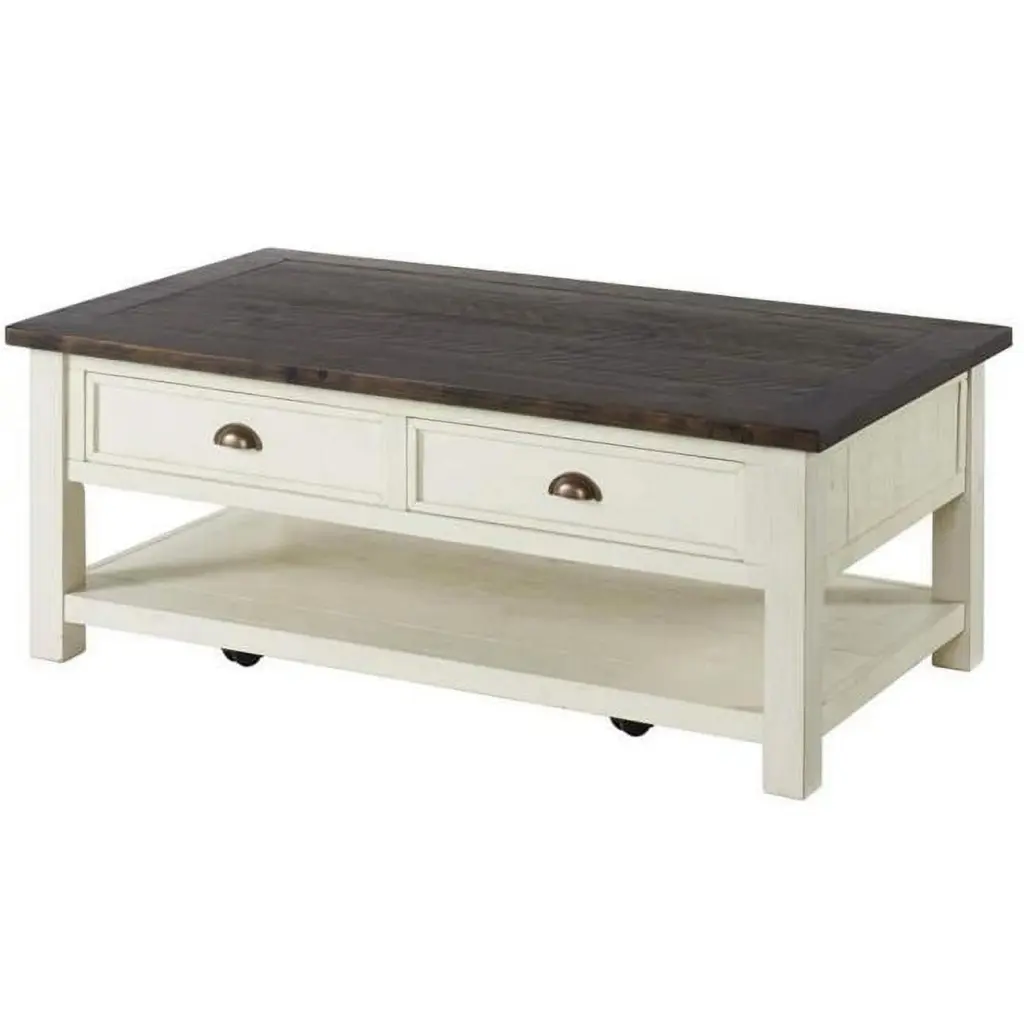 50 Inch Fiya Coastal Coffee Table 2 Drawers and 1 Shelf Brown White DeluxDesigns